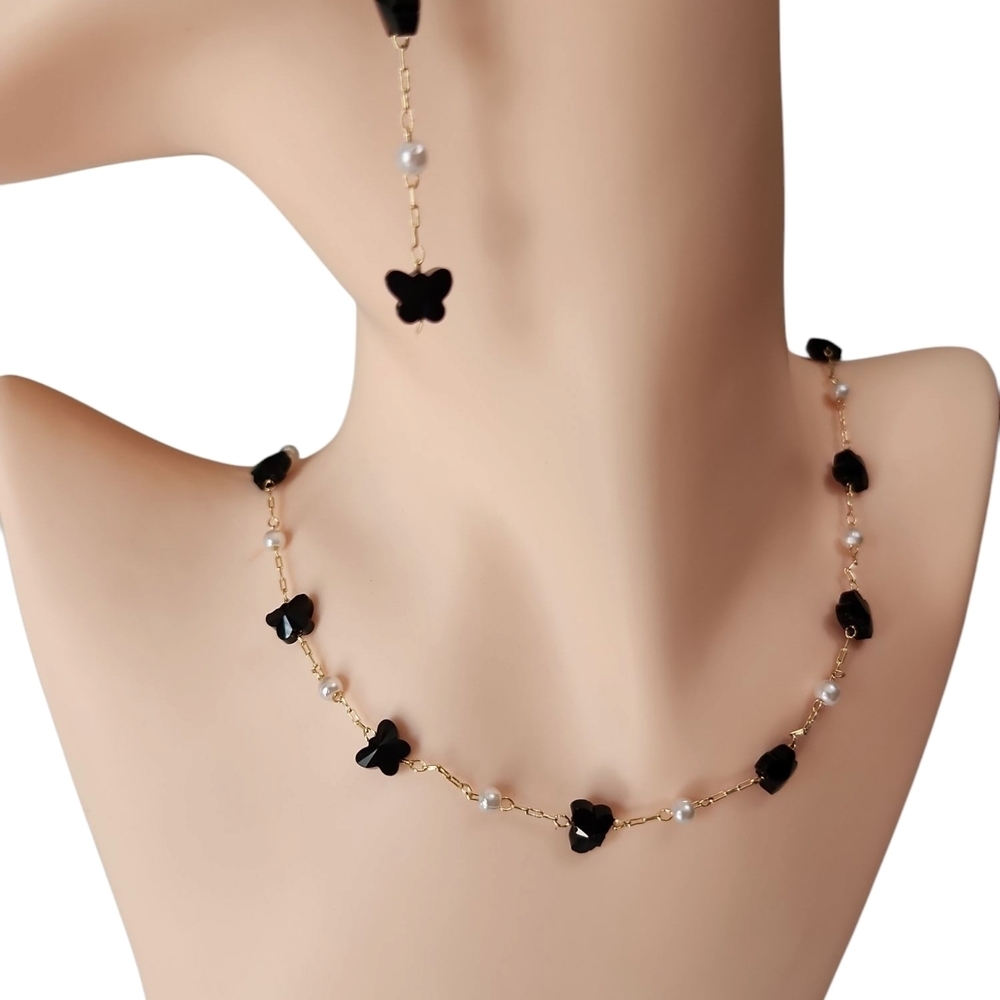 Gold and Black Butterfly Necklace, Bracelet, And Earrings Set - Picture 3 of 6